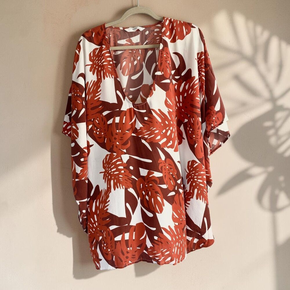 MIKOH 100% Silk Kaftan Cover Up Size 1 S Tropical Monstera Palm Leaf Tunic Dress